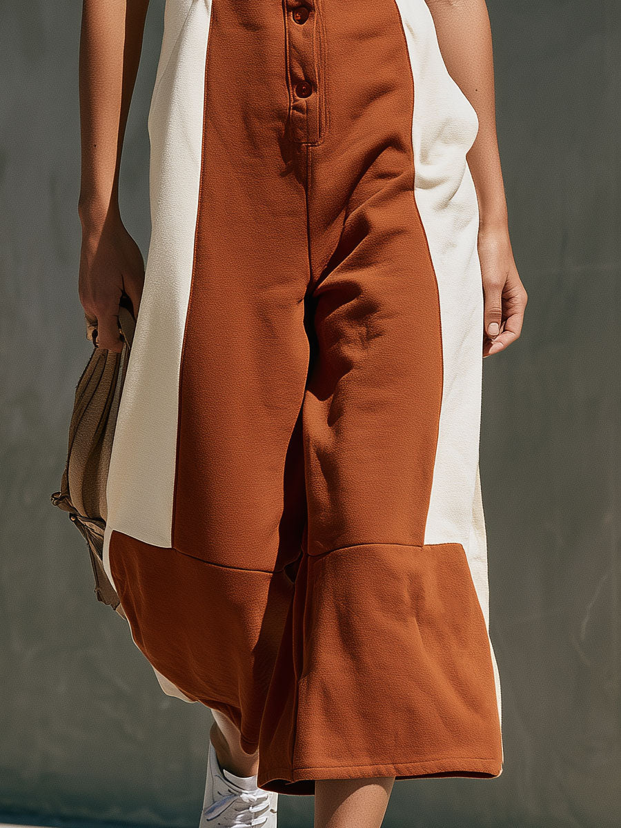 Casual Retro Color-blocked Square Neck Cotton Jumpsuit