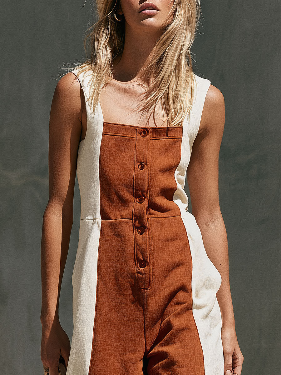 Casual Retro Color-blocked Square Neck Cotton Jumpsuit