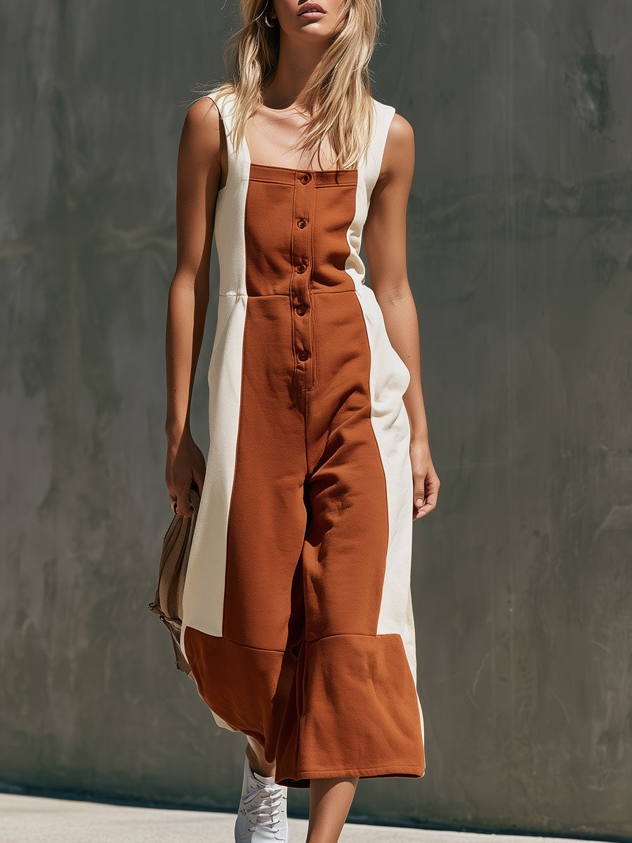 Casual Retro Color-blocked Square Neck Cotton Jumpsuit