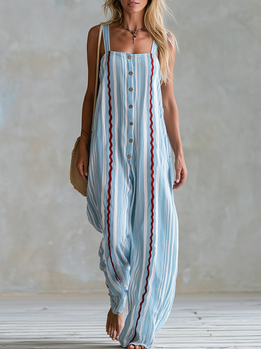 Casual-Chic Scalloped-Edge Blue Striped Cotton-Linen Square-Neck Jumpsuit