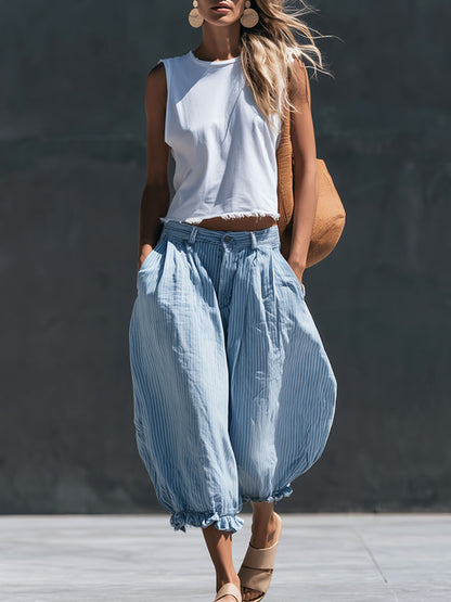 Casual Retro Frayed Top And Light Blue Striped Cotton-linen Cropped Pants Set