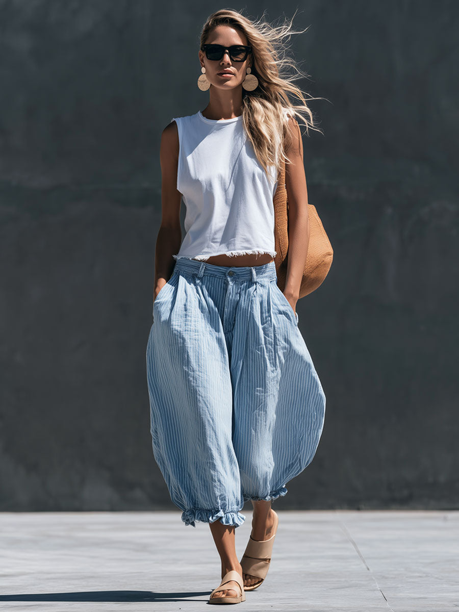 Casual Retro Frayed Top And Light Blue Striped Cotton-linen Cropped Pants Set