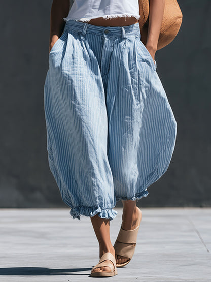 Casual Retro Frayed Top And Light Blue Striped Cotton-linen Cropped Pants Set