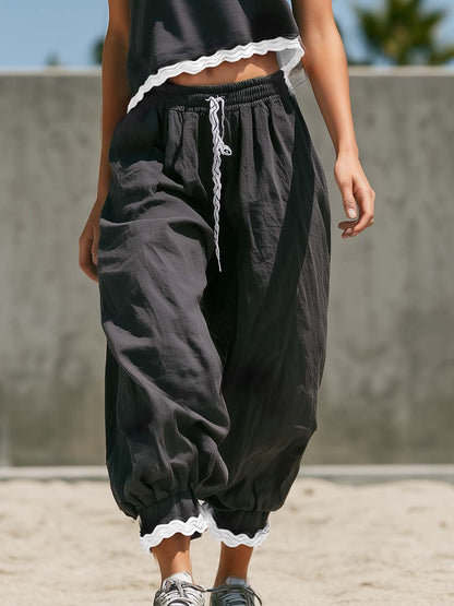 Retro Casual Sportswear Wavy Edges Gray Cotton Top And Pants Set