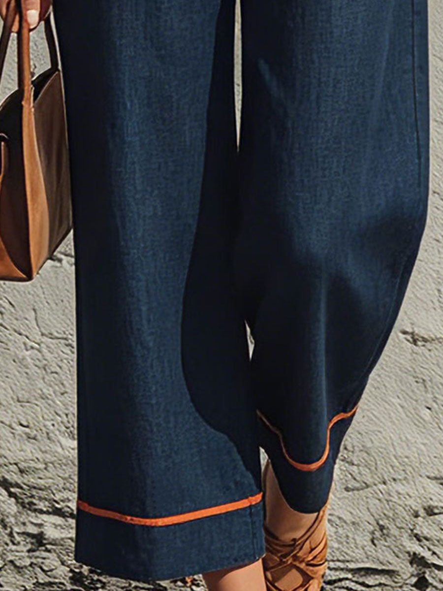 Casual Retro Color-blocked Trim Blue Sleeveless Round Neck Cotton-linen Jumpsuit