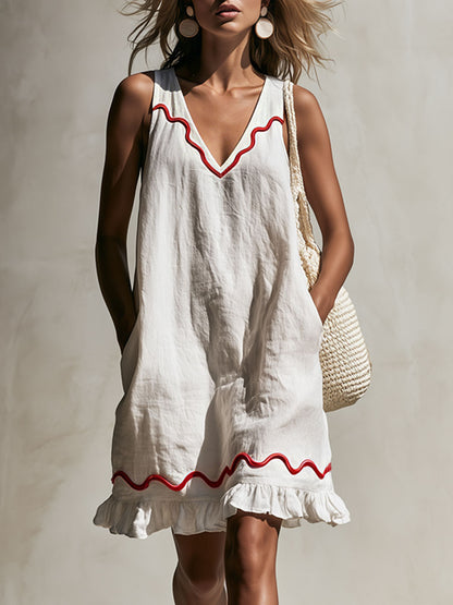 Casual Retro Wavy Ribbon Ruffle White Cotton Linen Sleeveless Mini Dress