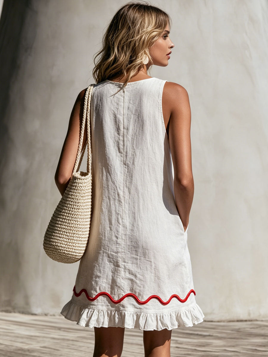 Casual Retro Wavy Ribbon Ruffle White Cotton Linen Sleeveless Mini Dress