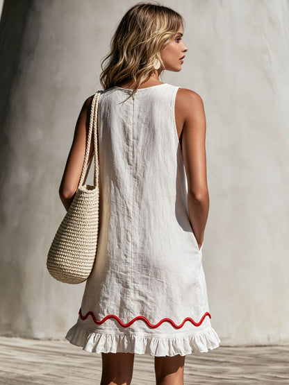 Casual Retro Wavy Ribbon Ruffle White Cotton Linen Sleeveless Mini Dress
