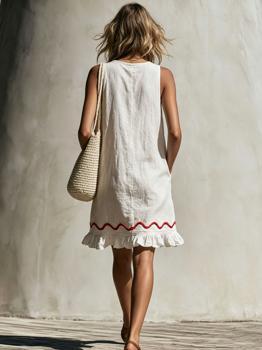 Casual Retro Wavy Ribbon Ruffle White Cotton Linen Sleeveless Mini Dress