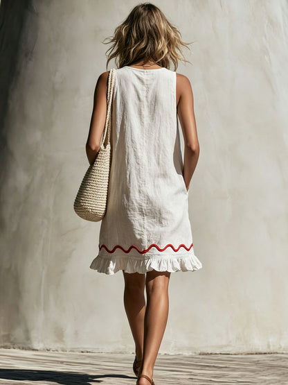 Casual Retro Wavy Ribbon Ruffle White Cotton Linen Sleeveless Mini Dress