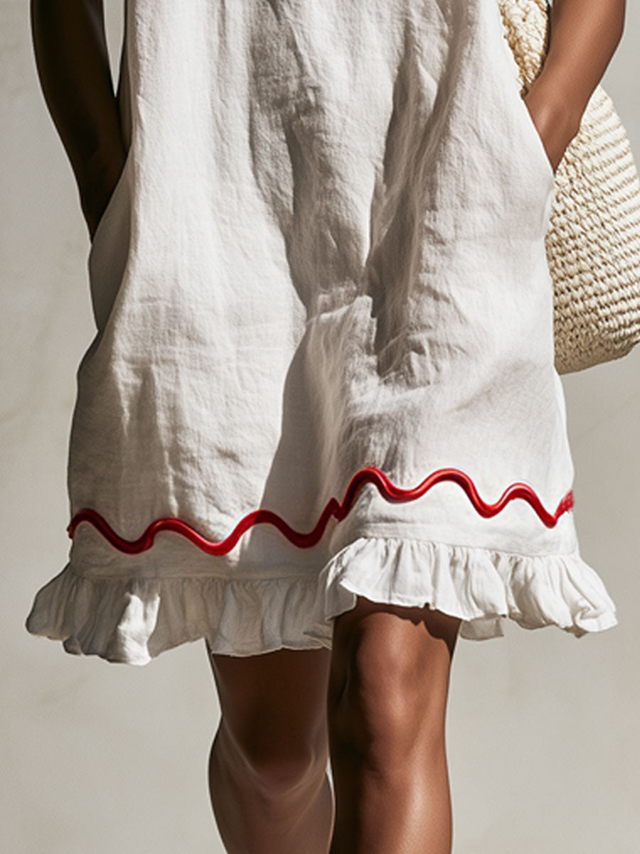 Casual Retro Wavy Ribbon Ruffle White Cotton Linen Sleeveless Mini Dress