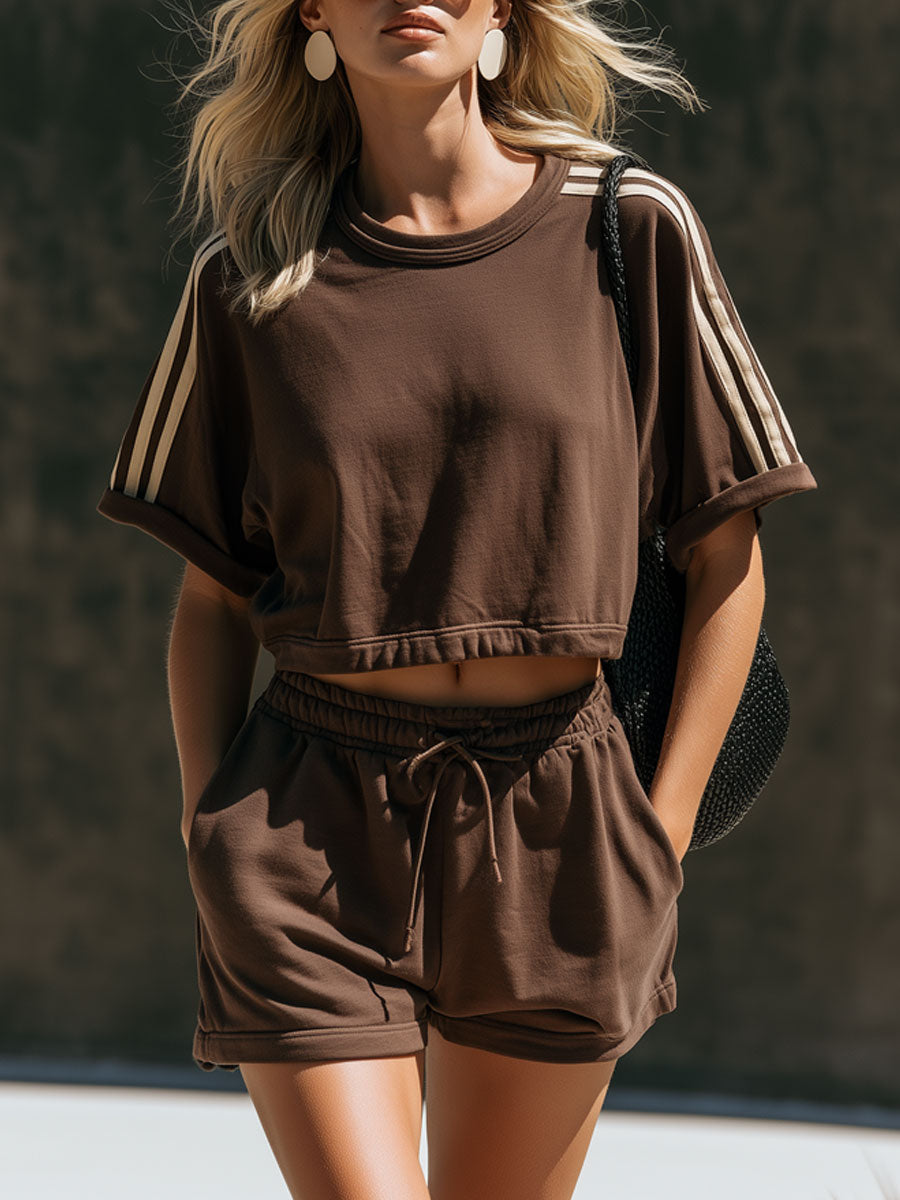 Retro Sporty Webbing Chocolate Cotton Short-Sleeve T-Shirt And Shorts Set