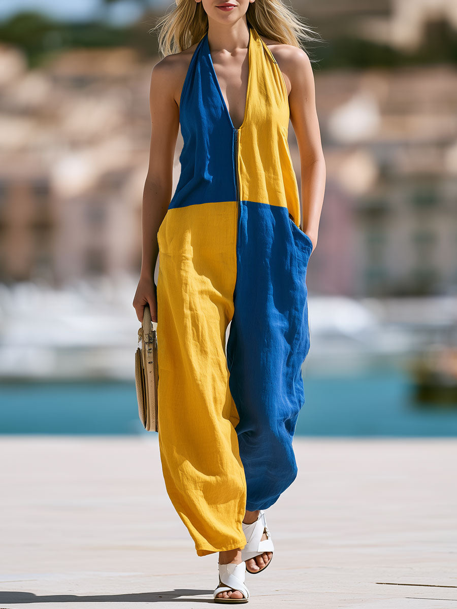 Casual Retro Yellow And Blue Color-blocked Sleeveless V-neck Cotton And Linen Jumpsuit
