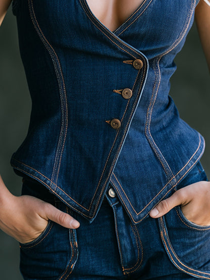 Stylish Retro Blue Denim X-Shaped Vest