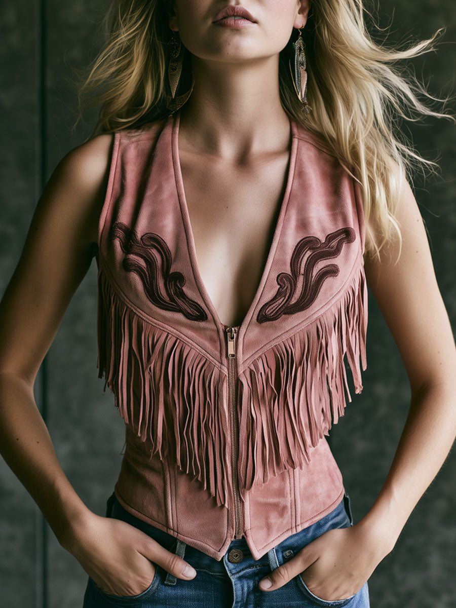 Western Retro Pink Faux Suede Embroidered Tassel Vest