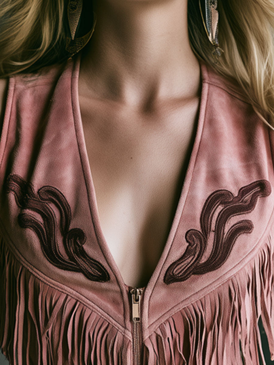 Western Retro Pink Faux Suede Embroidered Tassel Vest