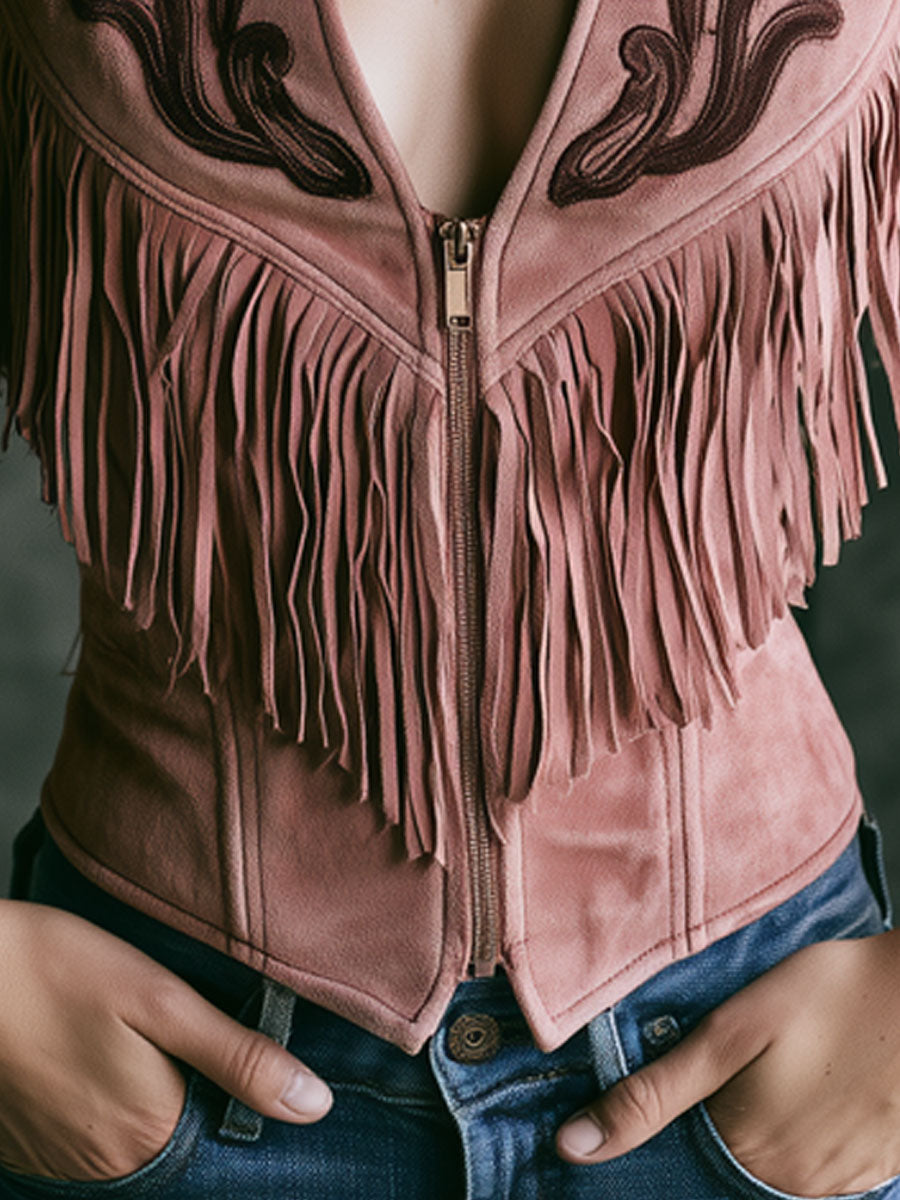 Western Retro Pink Faux Suede Embroidered Tassel Vest