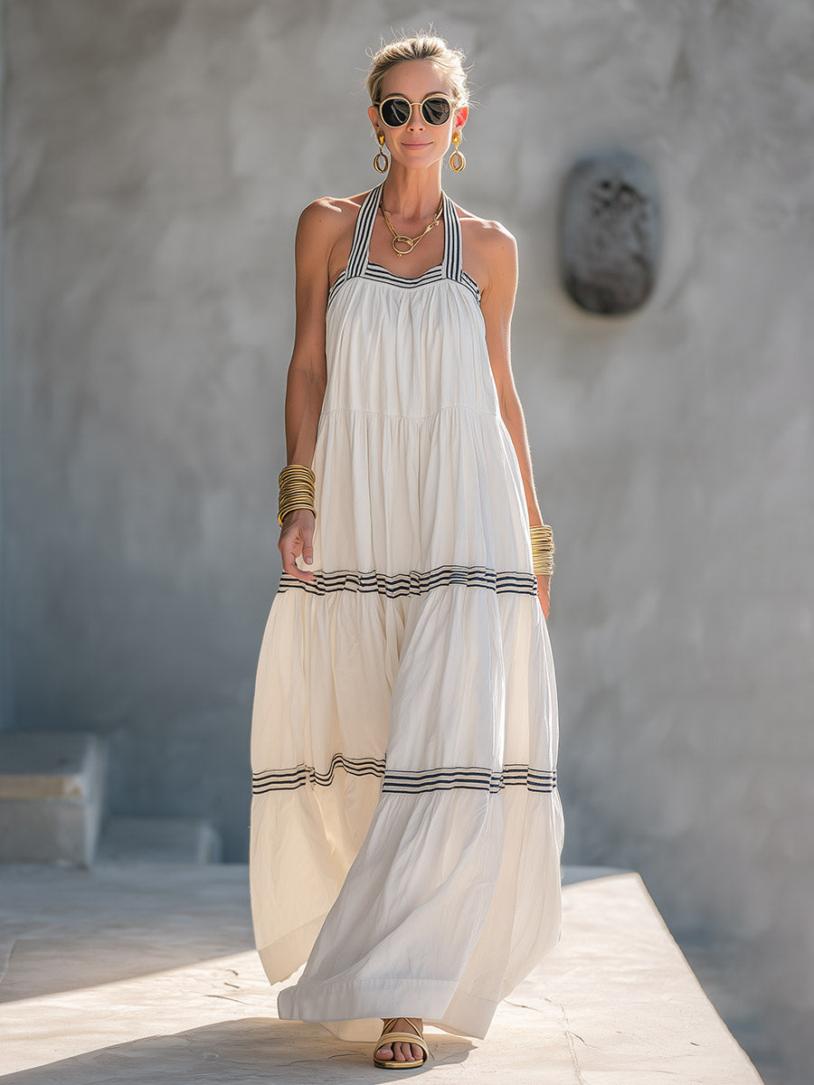 Classic Romantic Vacation Style Striped-Trim White Halter-Neck Cotton Maxi Dress
