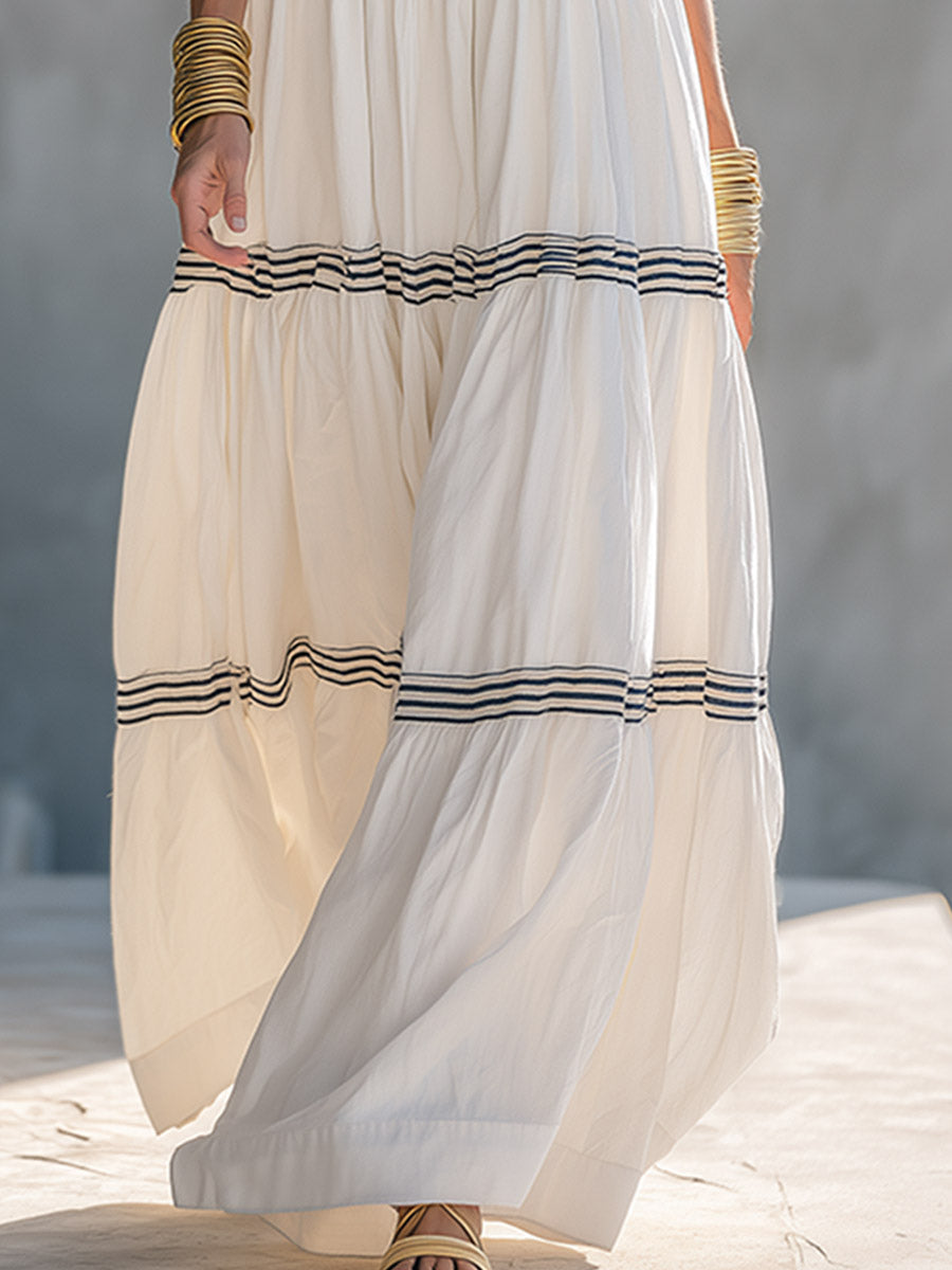 Classic Romantic Vacation Style Striped-Trim White Halter-Neck Cotton Maxi Dress