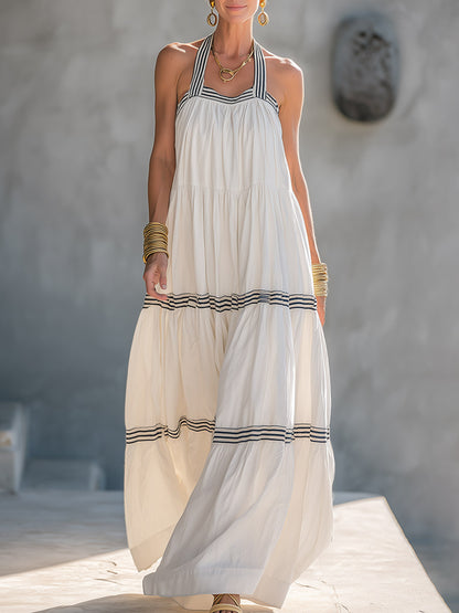 Classic Romantic Vacation Style Striped-Trim White Halter-Neck Cotton Maxi Dress