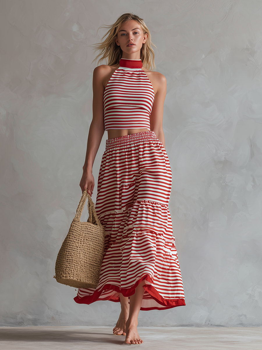 Retro Resort-Style Sporty Red Striped Cotton Sleeveless Top And Skirt Set