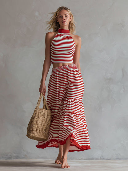 Retro Resort-Style Sporty Red Striped Cotton Sleeveless Top And Skirt Set