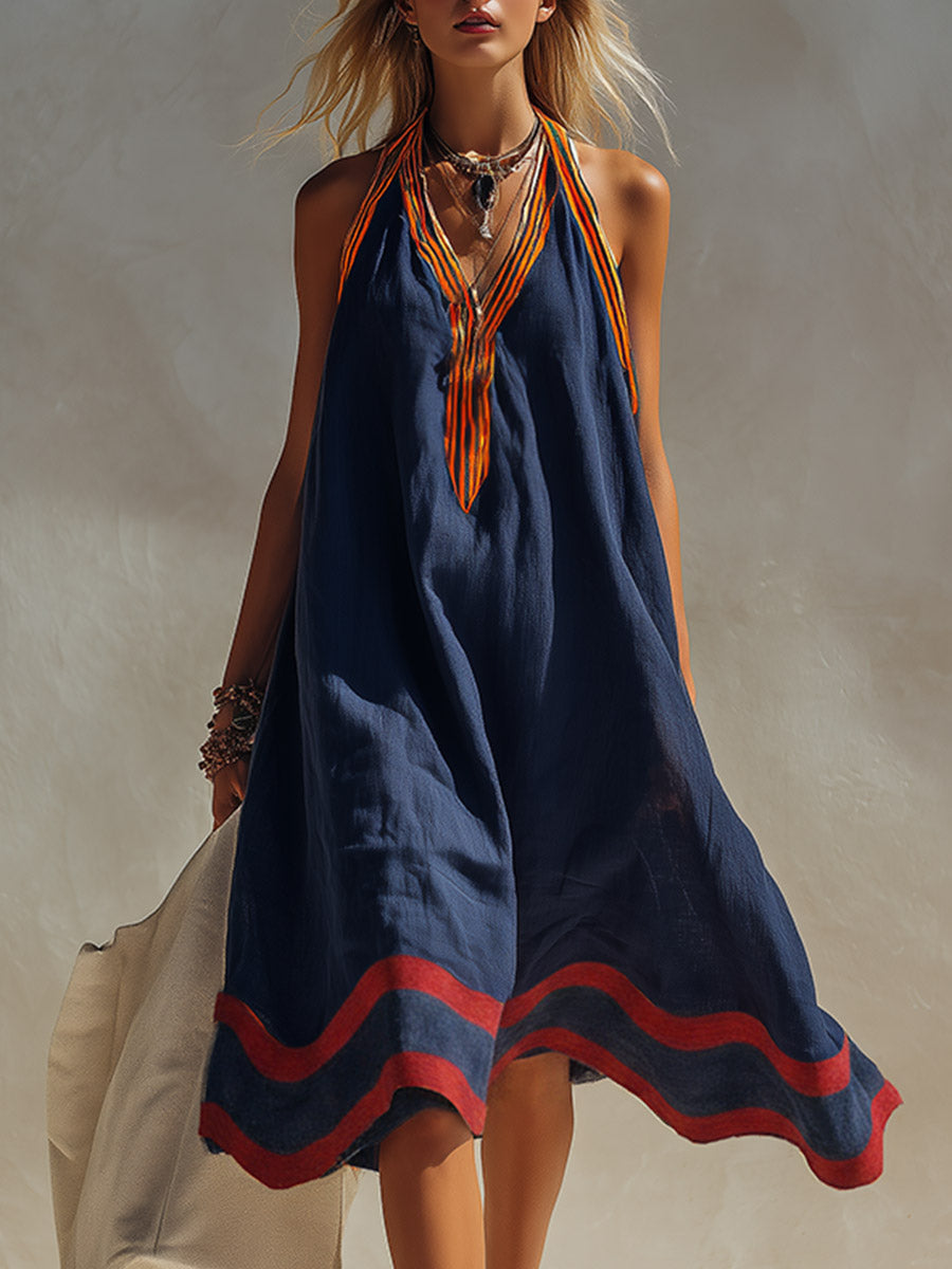 Vintage Elegance Meets Wavy Edging Navy Blue Cotton-Linen Midi Dress
