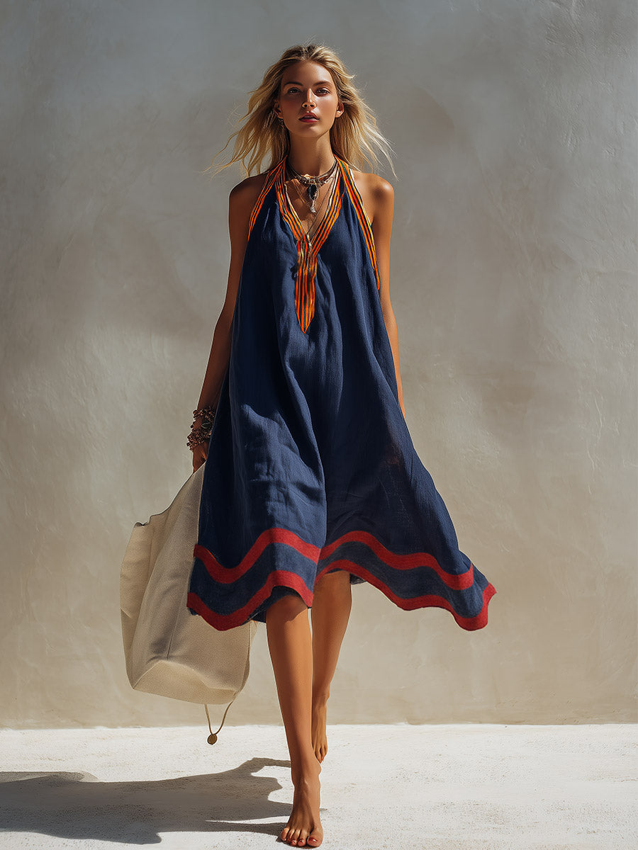 Vintage Elegance Meets Wavy Edging Navy Blue Cotton-Linen Midi Dress