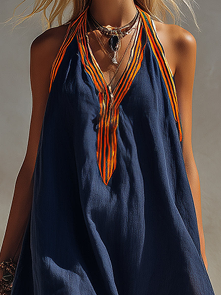 Vintage Elegance Meets Wavy Edging Navy Blue Cotton-Linen Midi Dress