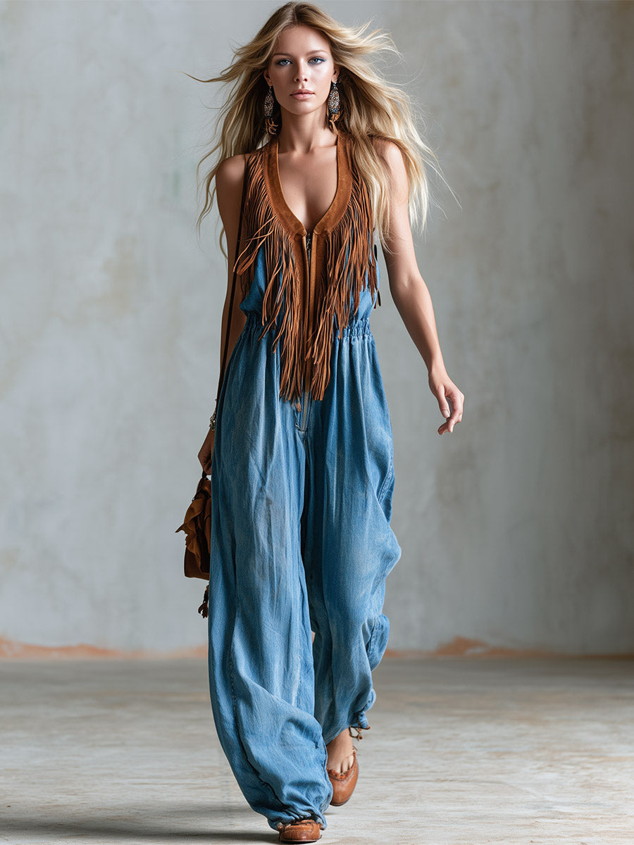 Vintage-style Brown Faux-suede Fringed Blue Denim Jumpsuit