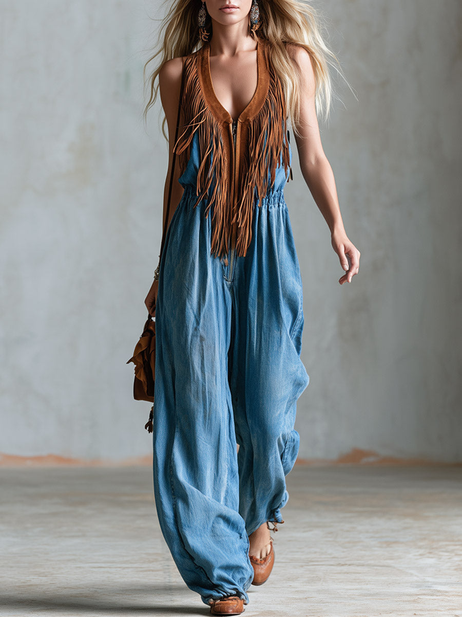 Vintage-style Brown Faux-suede Fringed Blue Denim Jumpsuit