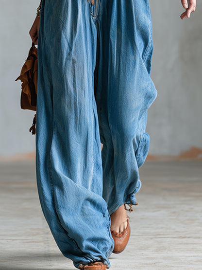 Vintage-style Brown Faux-suede Fringed Blue Denim Jumpsuit