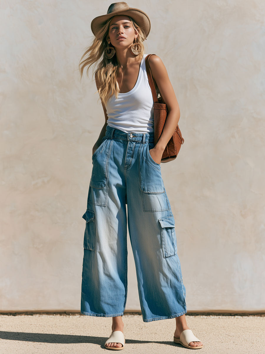 Casual Retro Light Blue Cropped Workwear Jeans