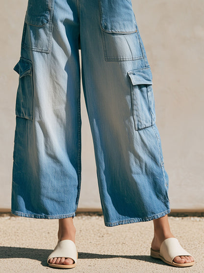Casual Retro Light Blue Cropped Workwear Jeans
