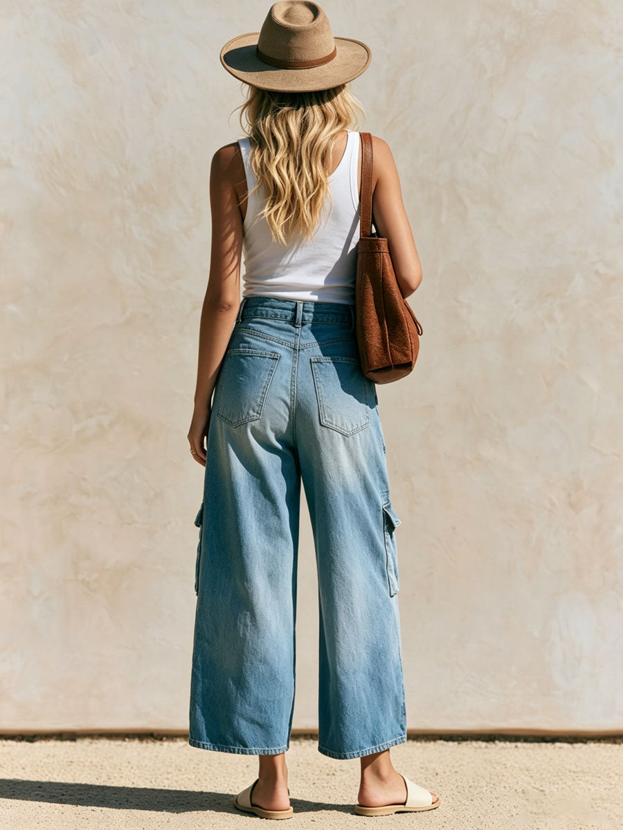 Casual Retro Light Blue Cropped Workwear Jeans