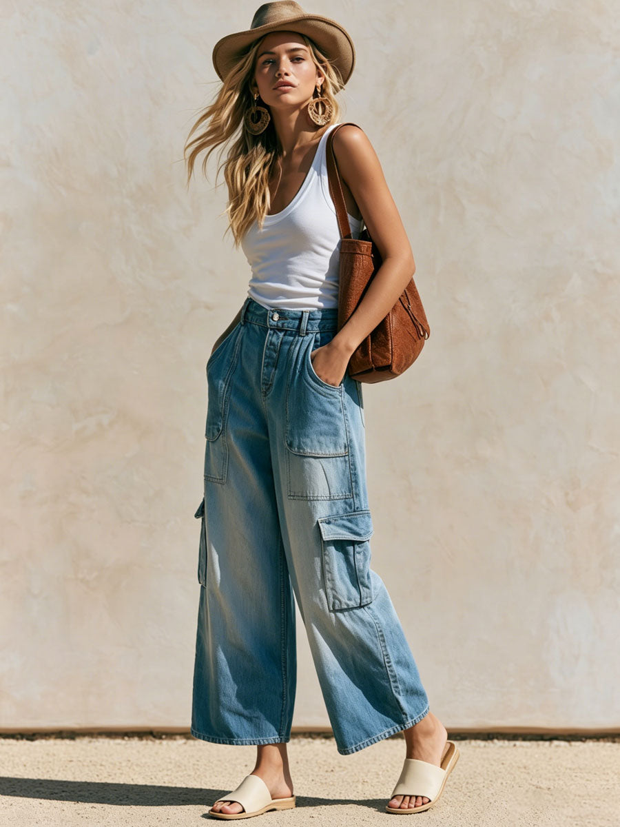 Casual Retro Light Blue Cropped Workwear Jeans
