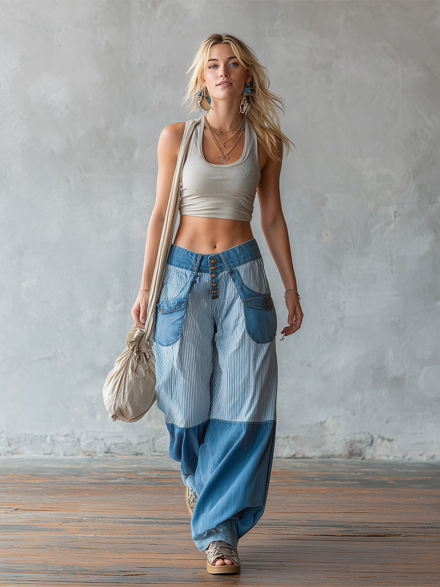 Casual-chic Light Blue Striped Patchwork Jeans