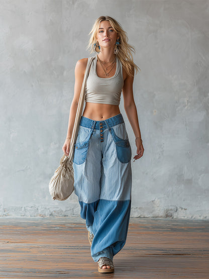 Casual-chic Light Blue Striped Patchwork Jeans