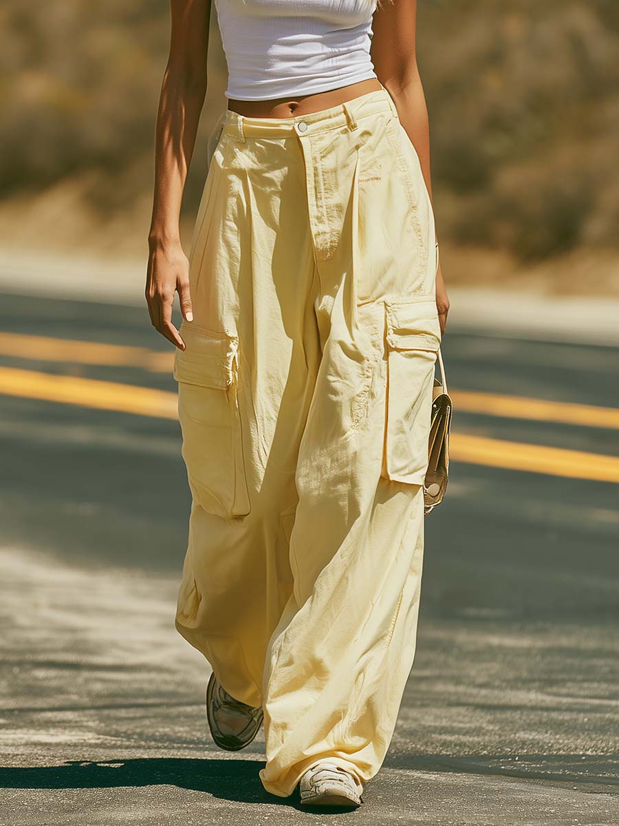 Casual Fashion White Cotton Tank Top And Light Yellow Cargo Pants Set