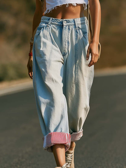 Retro Fashion Striped Cuffs Light Blue Washed Denim Cropped Trousers