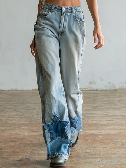 Casual Stylish Star-Patterned Light Blue Wide-Leg Jeans
