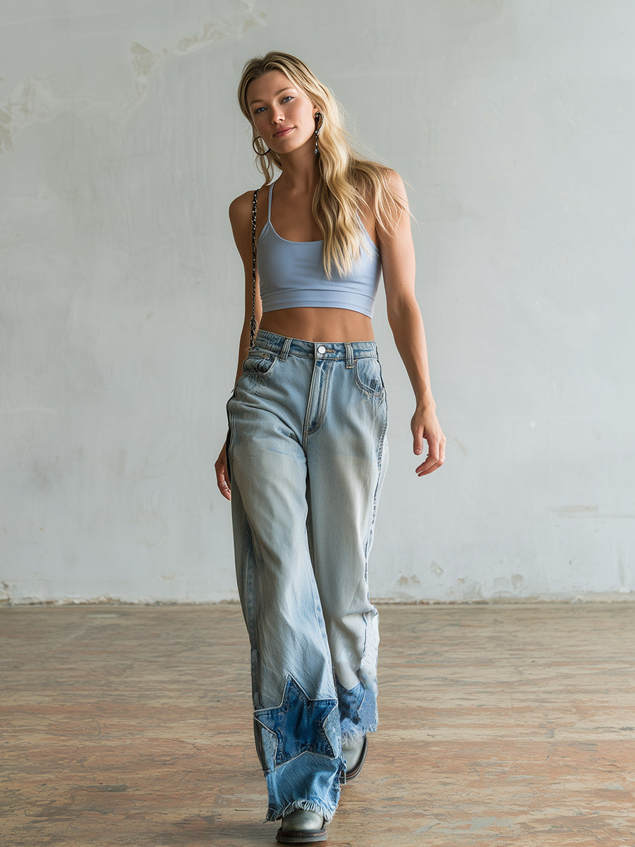 Casual Stylish Star-Patterned Light Blue Wide-Leg Jeans