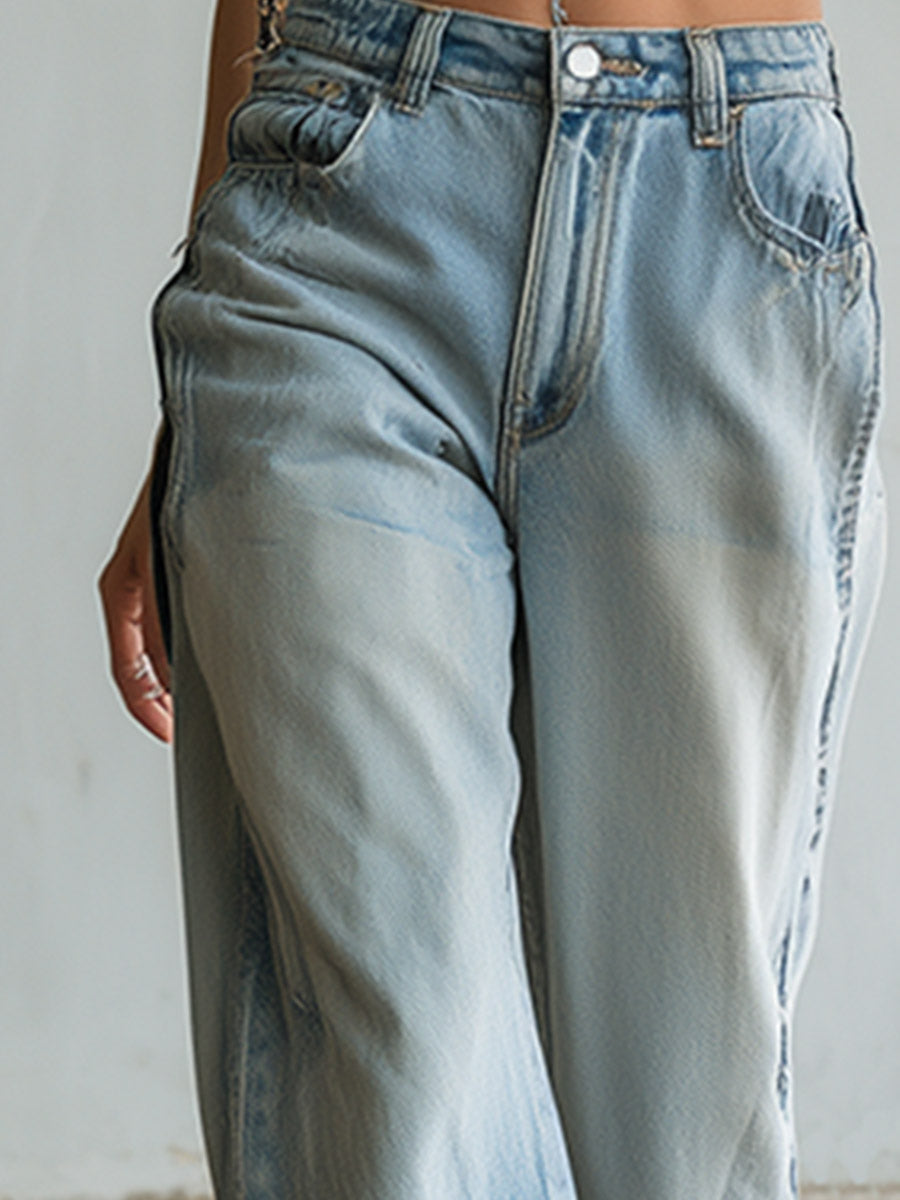 Casual Stylish Star-Patterned Light Blue Wide-Leg Jeans