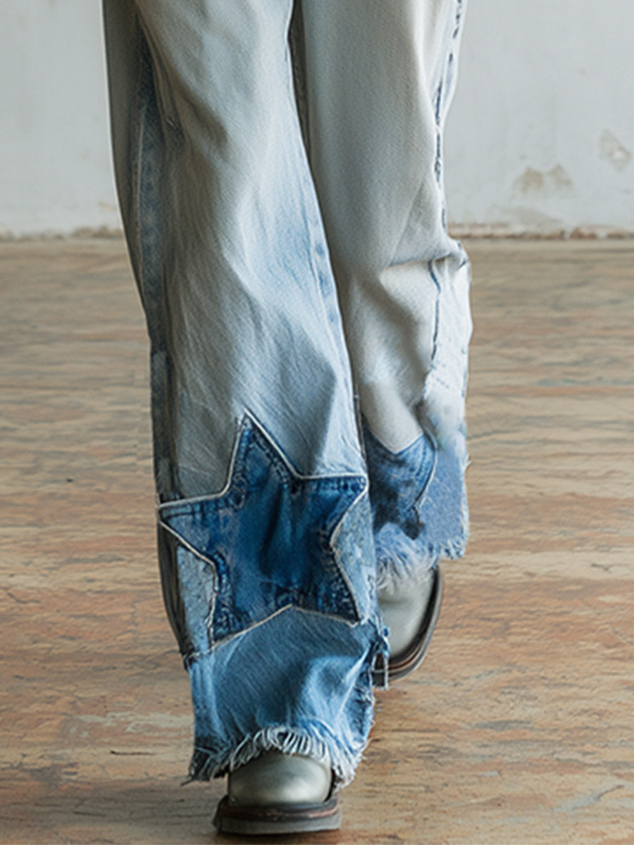 Casual Stylish Star-Patterned Light Blue Wide-Leg Jeans