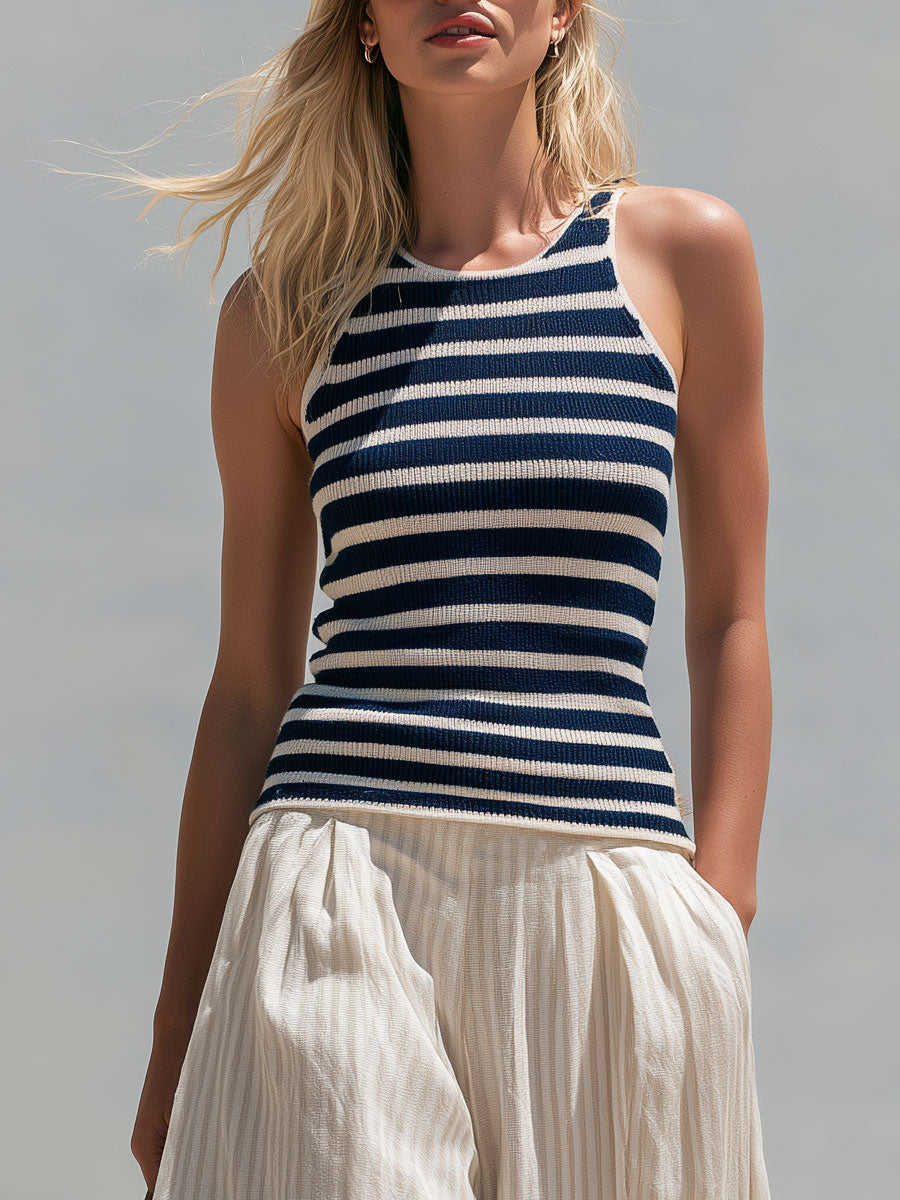 Casual Retro Blue Striped Knit Vest And Beige Striped Cotton-linen Pants Set