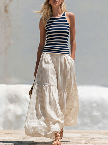 Casual Retro Blue Striped Knit Vest And Beige Striped Cotton-linen Pants Set