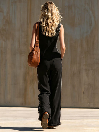 Sporty Retro Webbing Black Cotton Frayed Sleeveless Jumpsuit