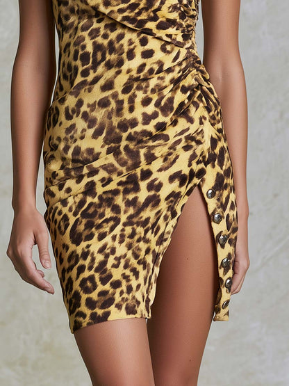 Retro Western One-shoulder Side Slit Leopard Print Light Yellow Faux Suede Mini Dress