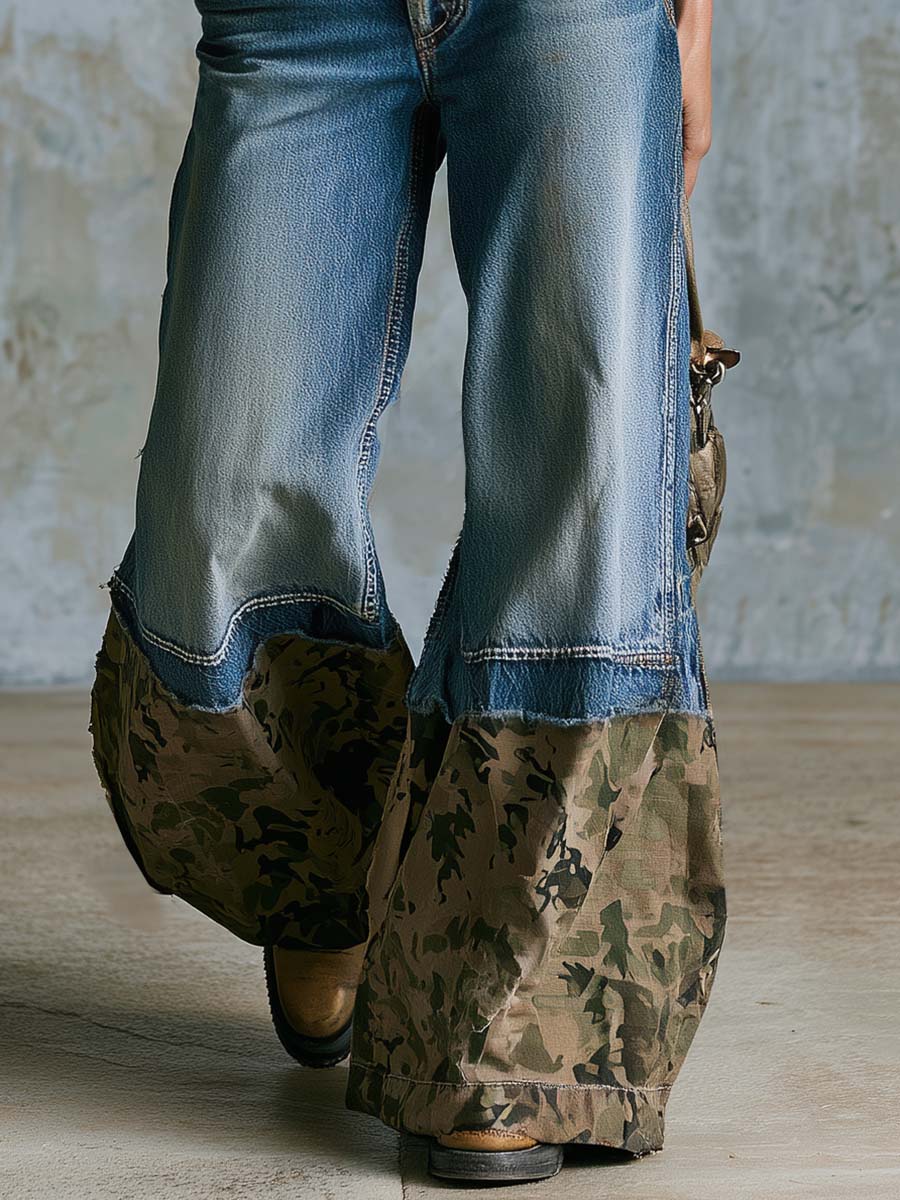 Personality Versatile Camouflage-Paneled Cuffs Blue Washed Denim Wide-leg Pants