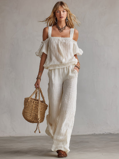 Minimalist Urban White T-Shirt &amp; Wide-Leg Pants Crinkled Cotton-Linen Set